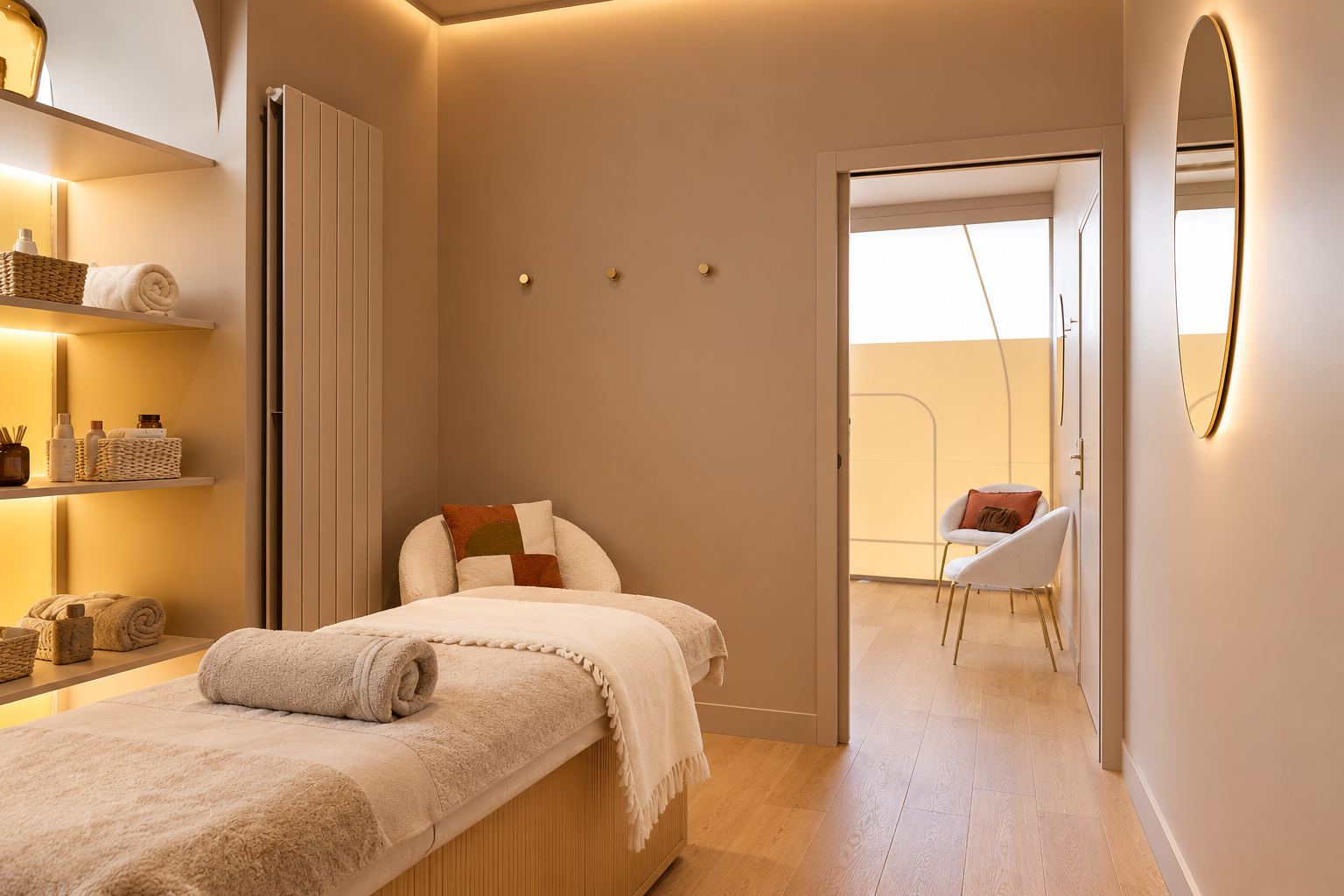 Cabine de soin lumineuse avec table de soin et étagères éclairées